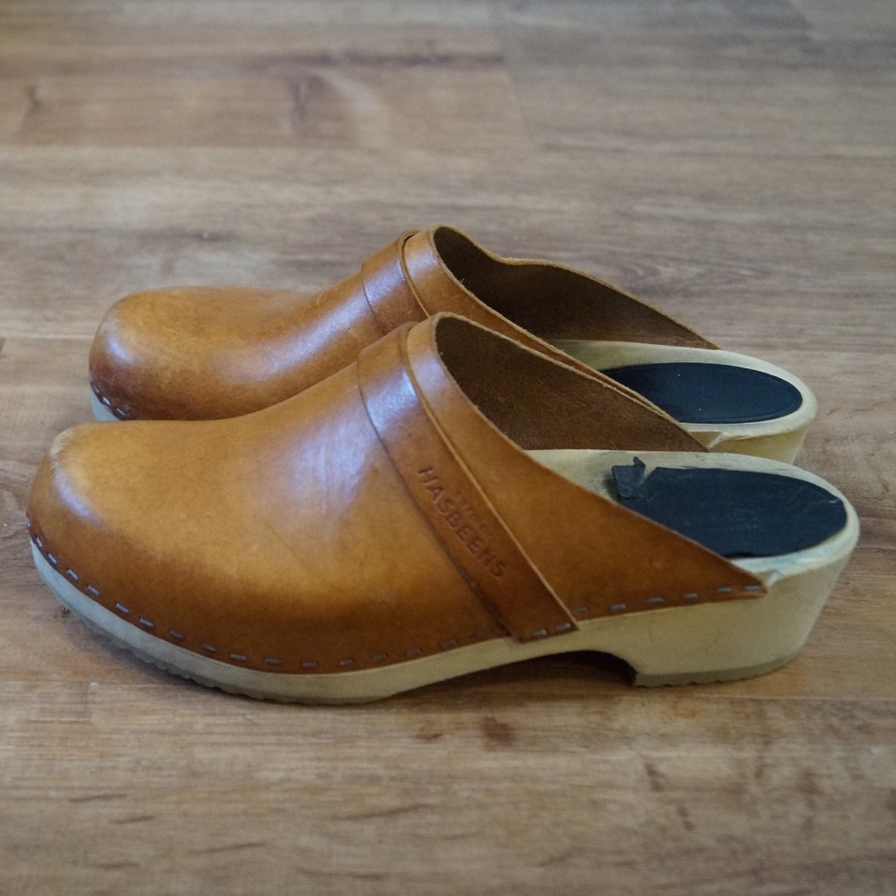 Swedish Hasbeens Leather Wood Clog Mules Womens Size 40 Brown